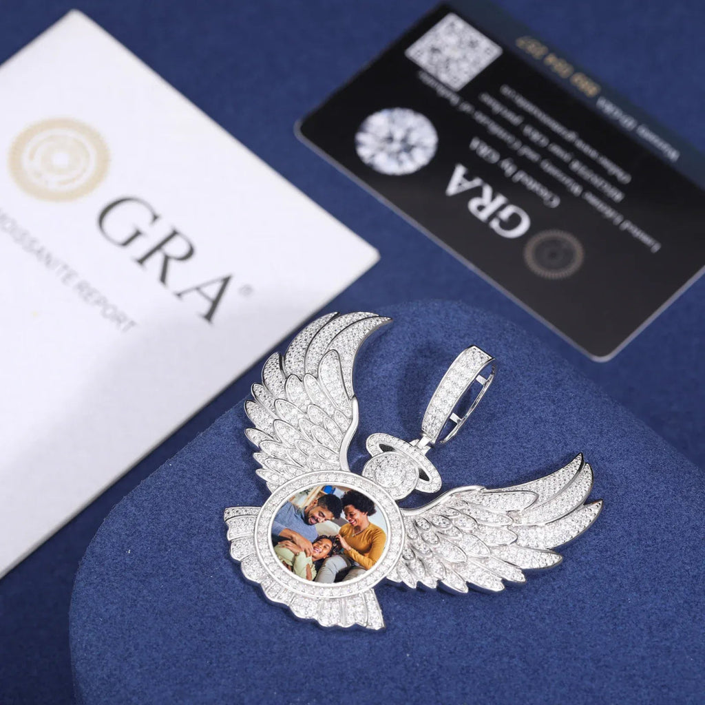 Custom Angel Wing Photo Pendant – “Heavenbound Tribute” Edition VVS1 5A CZ White Gold 18 IN Rope - Shop Gold Supply