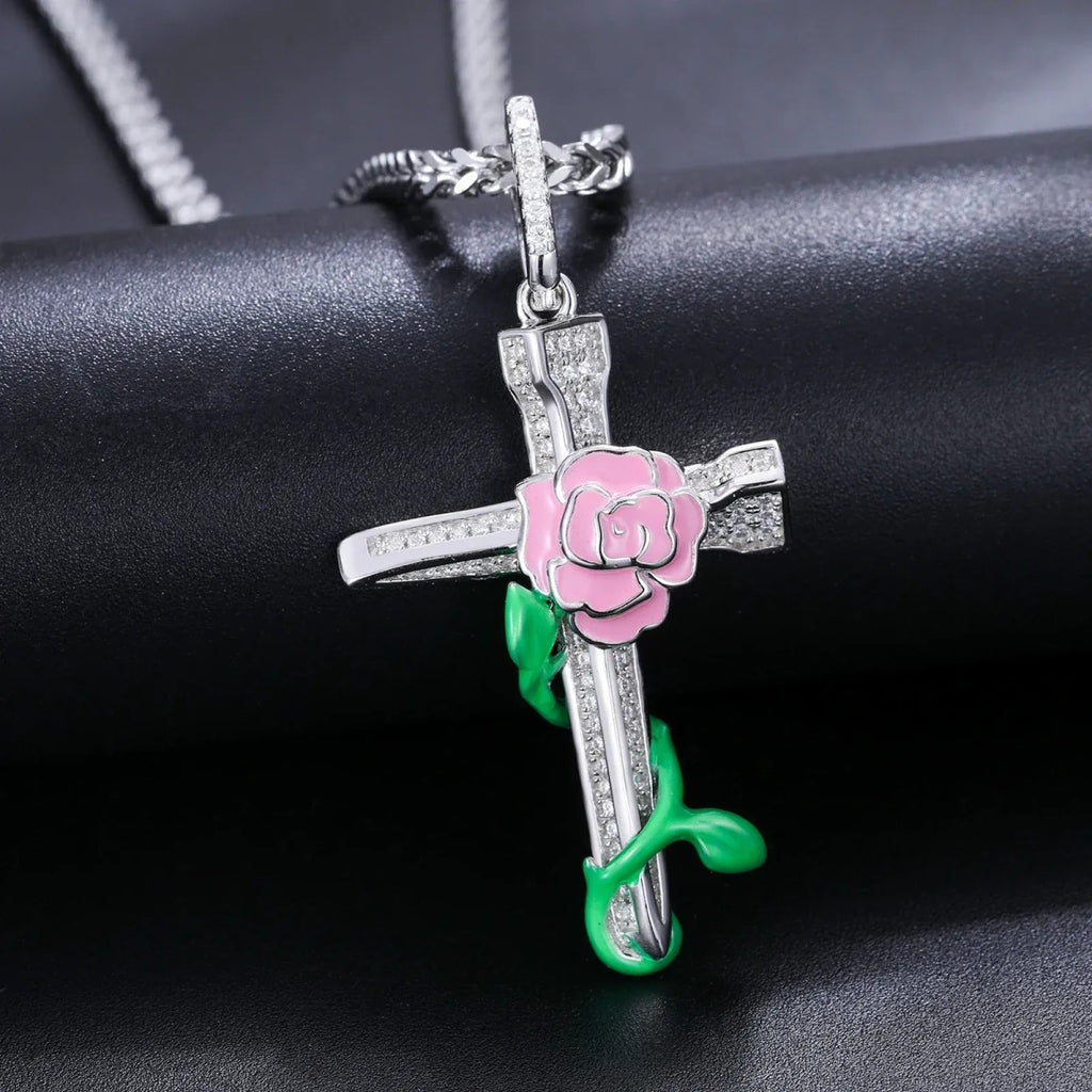 Moissanite Glow Rose Cross Pendant – “Eternal Bloom” Edition - Shop Gold Supply
