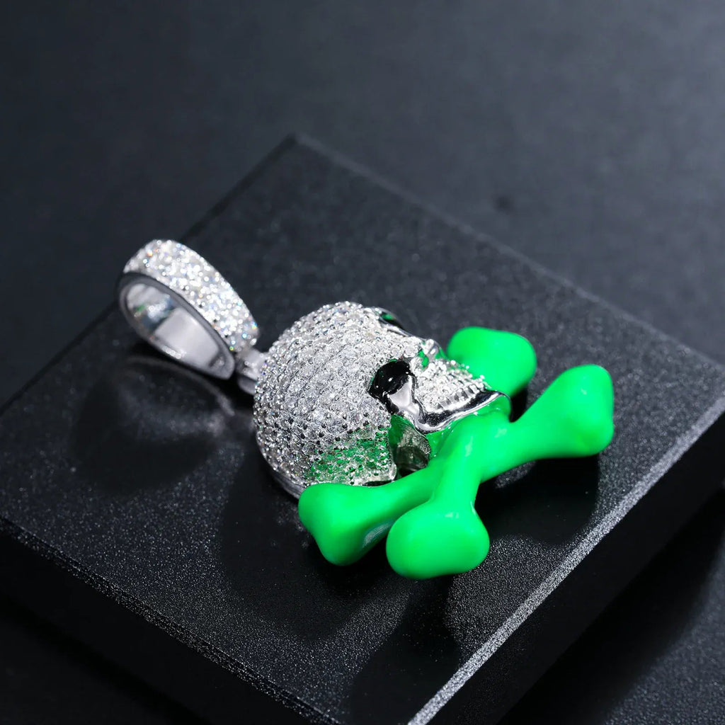 Moissanite Glow Skull & Crossbones Glow Pendant – “Toxic Drip” Edition - Shop Gold Supply