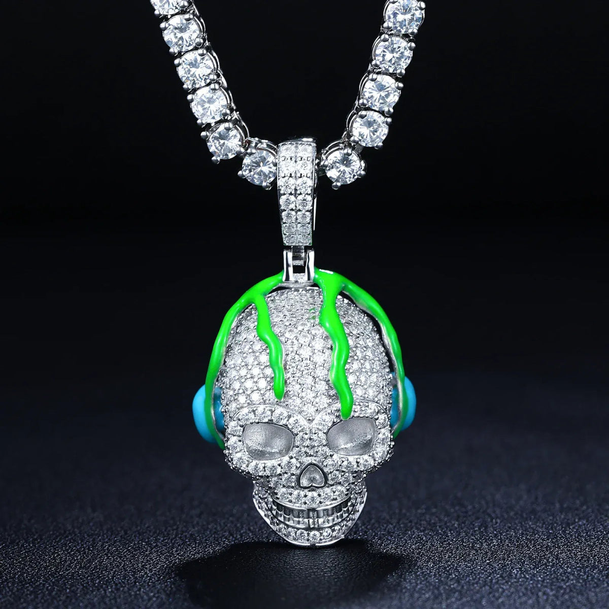Moissanite Glow Skull Glow Pendant – “Neon Drip” Edition White Gold - Shop Gold Supply