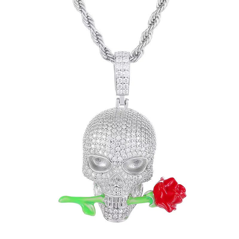 Moissanite Glow Skull & Rose Glow Pendant – “Deadly Romance” Edition White Gold - Shop Gold Supply