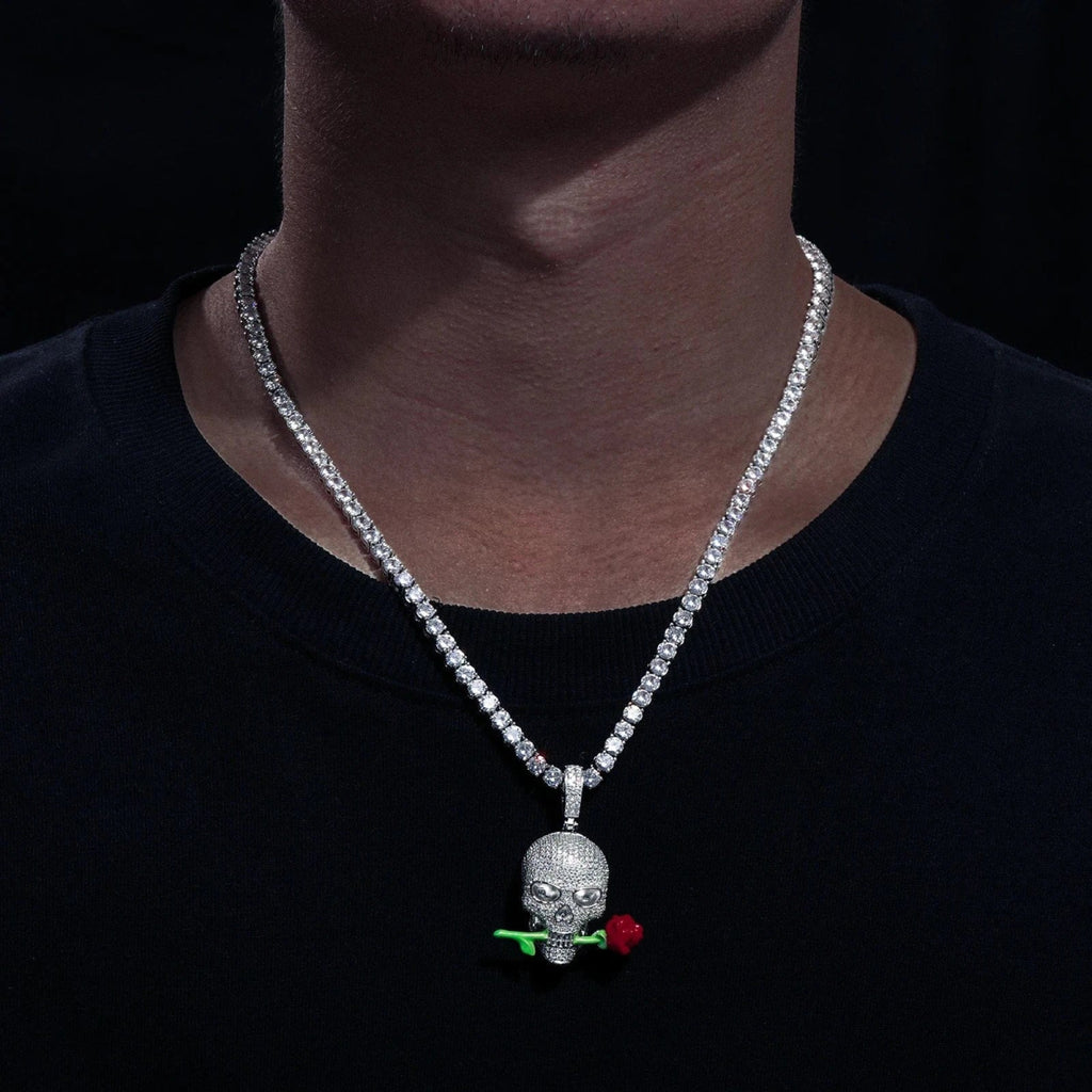 Moissanite Glow Skull & Rose Glow Pendant – “Deadly Romance” Edition White Gold - Shop Gold Supply
