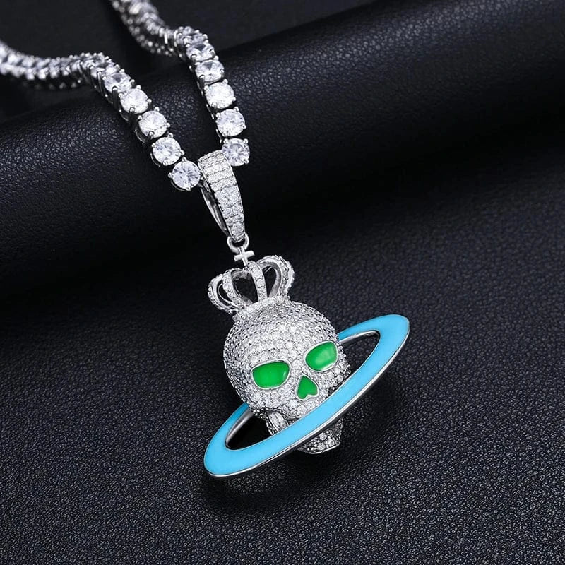 Moissanite Glow Skull Saturn Pendant – “Cosmic Reign” Edition - Shop Gold Supply