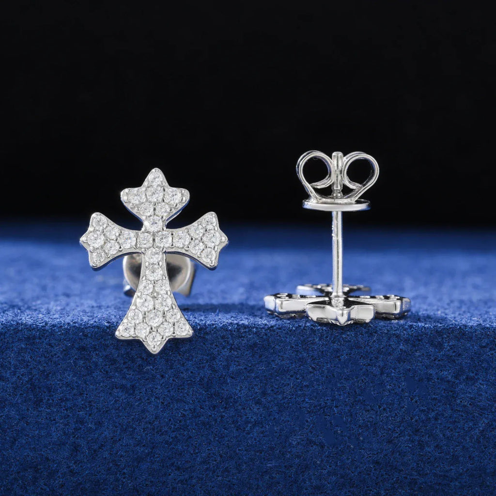 Moissanite Pavé Cross Stud Earrings – “Divine Ice” Edition Yellow Gold - Shop Gold Supply