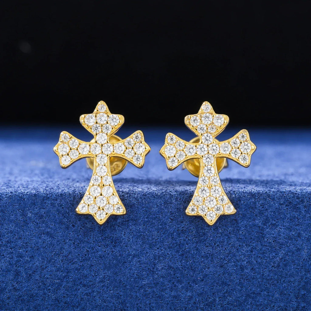 Moissanite Pavé Cross Stud Earrings – “Divine Ice” Edition Yellow Gold - Shop Gold Supply