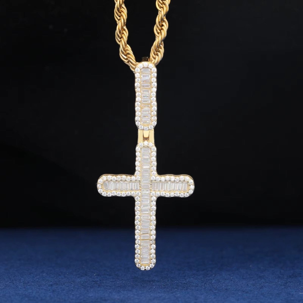 VVS Baguette Cross Pendant White Gold Moissanite FREE Never Tarnish Rope - Shop Gold Supply